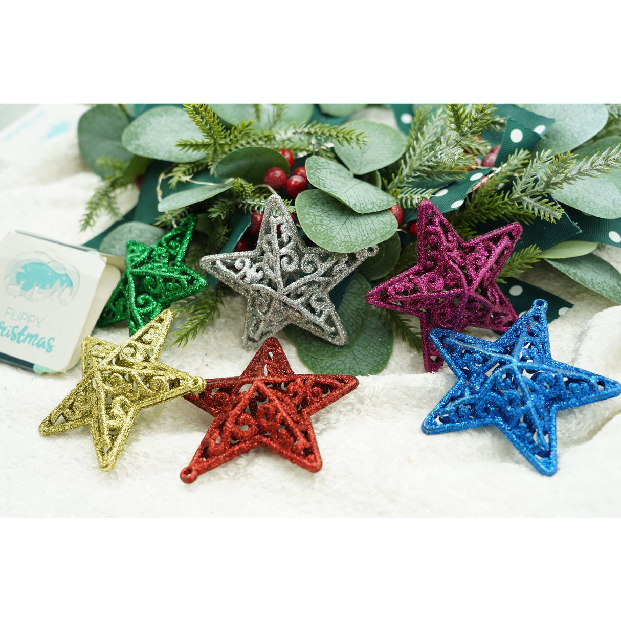 Set De 6 Ornamente De Brad, De Tip Stea, Din Plastic, Cu Finisaj Sclipitor, Cutie 3 Cm Adancime X 31 Cm Lungime X 9 Cm Inaltime