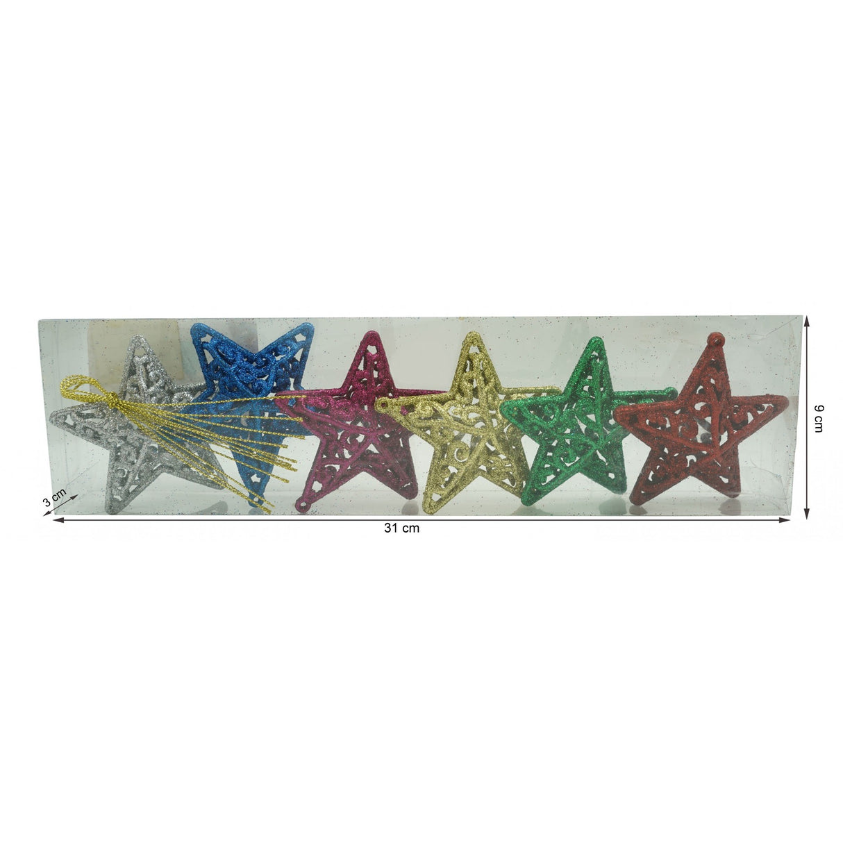 Set De 6 Ornamente De Brad, De Tip Stea, Din Plastic, Cu Finisaj Sclipitor, Cutie 3 Cm Adancime X 31 Cm Lungime X 9 Cm Inaltime