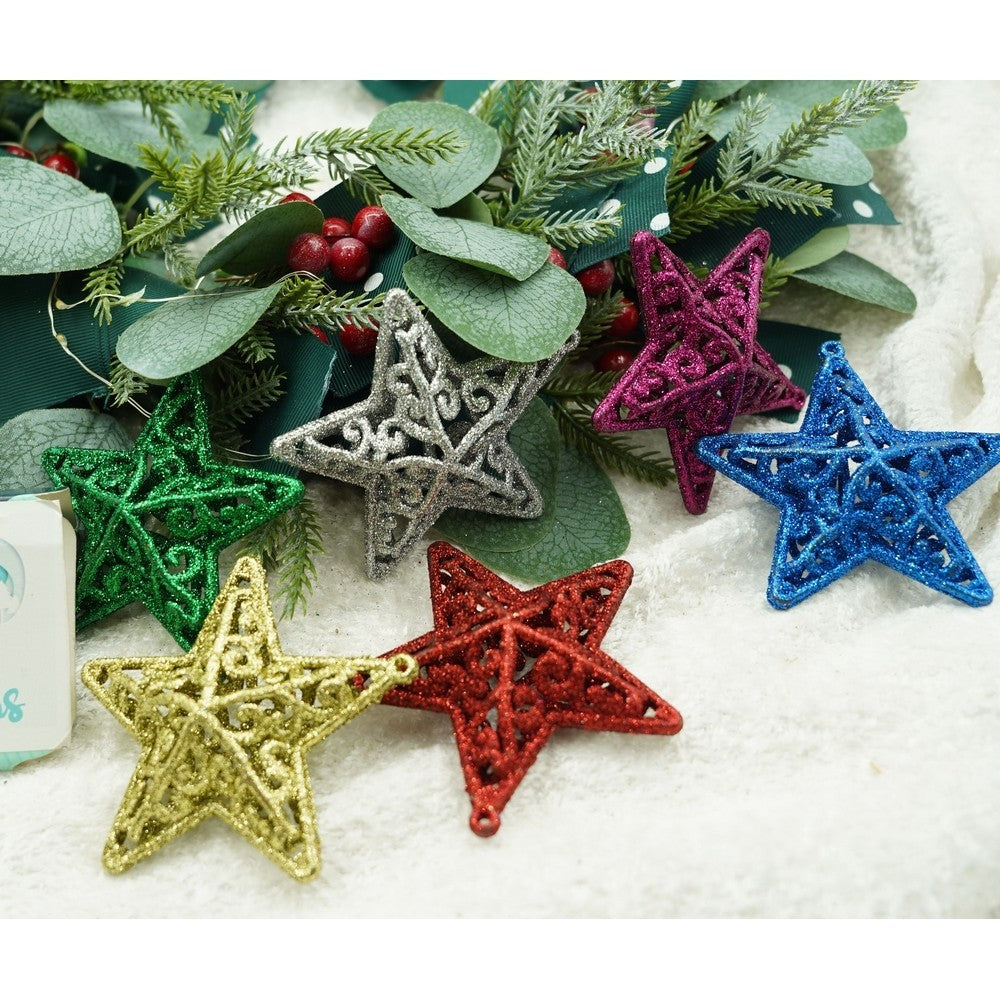 Set De 6 Ornamente De Brad, De Tip Stea, Din Plastic, Cu Finisaj Sclipitor, Cutie 3 Cm Adancime X 31 Cm Lungime X 9 Cm Inaltime