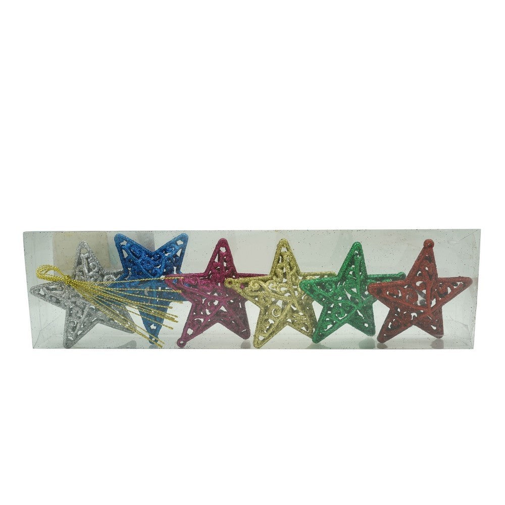 Set De 6 Ornamente De Brad, De Tip Stea, Din Plastic, Cu Finisaj Sclipitor, Cutie 3 Cm Adancime X 31 Cm Lungime X 9 Cm Inaltime