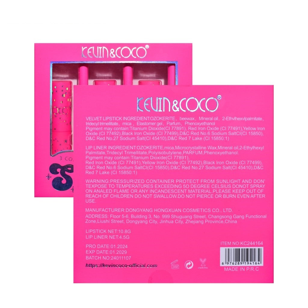 Set de Buze, KEVIN & COCO, Stay Wild, 3 Lip Stick-uri si 3 Creioane de Buze, 16.1 x 16 x 2.6 cm, Nuante Calde - vivimall.ro