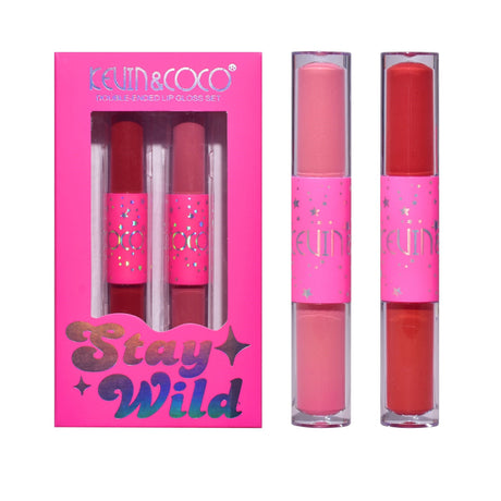 Set de Buze, KEVIN & COCO, Stay Wild 4 Culori, 2 Gloss-uri si 2 Rujuri Mate, 15.1 x 8.1 x 2cm, Roz/Rosu - vivimall.ro