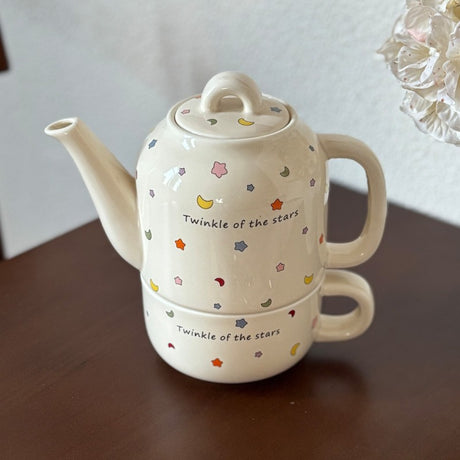 Set de Ceai, Vivimall, Ceainic cu Ceasca pentru Uz Casnic, Stele cu Luna, Set de Ceai pentru Copii, Adulti, 18 x 17 x 13 cm, Alb Crem - vivimall.ro