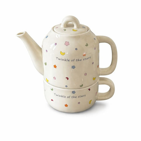 Set de Ceai, Vivimall, Ceainic cu Ceasca pentru Uz Casnic, Stele cu Luna, Set de Ceai pentru Copii, Adulti, 18 x 17 x 13 cm, Alb Crem - vivimall.ro