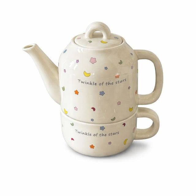 Set de Ceai, Vivimall, Ceainic cu Ceasca pentru Uz Casnic, Stele cu Luna, Set de Ceai pentru Copii, Adulti, 18 x 17 x 13 cm, Alb Crem - vivimall.ro
