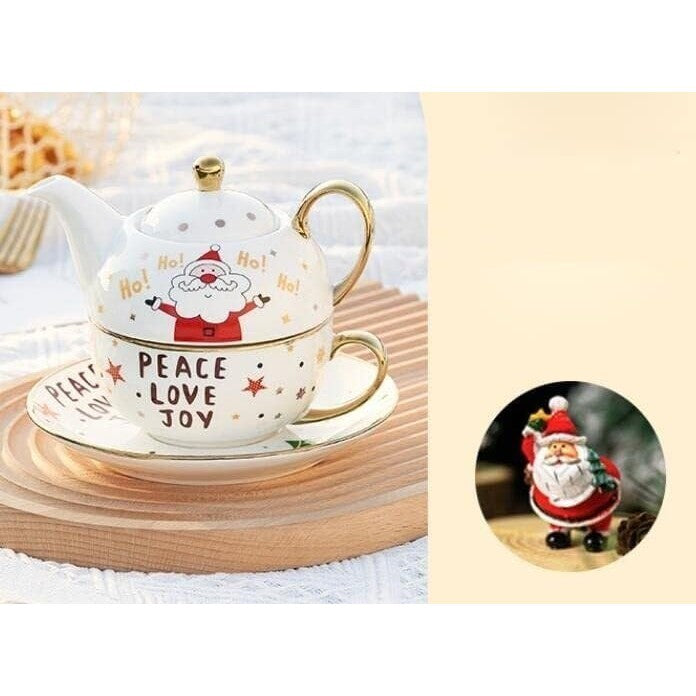 Set de Ceai, Flippy, Tema Craciun, Ceainic 420 ml, Cana 310 ml, Farfurie, din Portelan, Model Mos Craciun, Alb, Resigilat