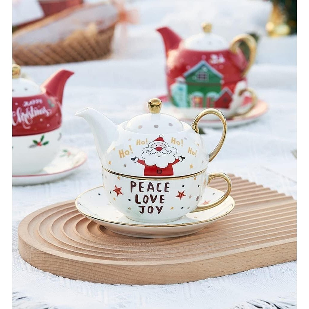 Set de Ceai, Flippy, Tema Craciun, Ceainic 420 ml, Cana 310 ml, Farfurie, din Portelan, Model Mos Craciun, Alb, Resigilat