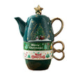 Set ceai ceramică Crăciun cu ceainic 450 ml și 2 căni 250 ml, model brad verde turcoaz, vedere de ansamblu