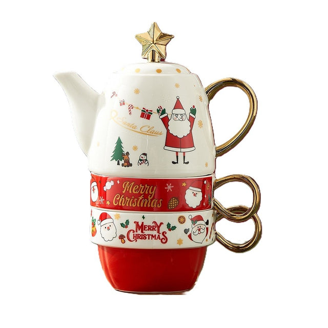 Set de Ceai, Flippy, Tema Craciun, Ceainic 450 ml, 2 x Cani 250 ml, din Ceramica, Model Mos Craciun/Santa Claus, Alb/Rosu - vivimall.ro