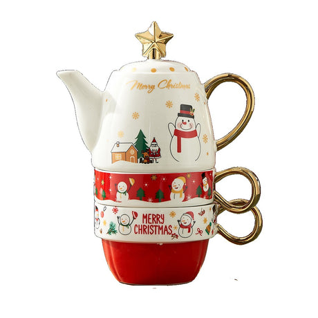 Set De Ceai, Tema Craciun, Ceainic 450 Ml, 2 X Cani 250 Ml, Din Ceramica, /Rosu - vivimall.ro