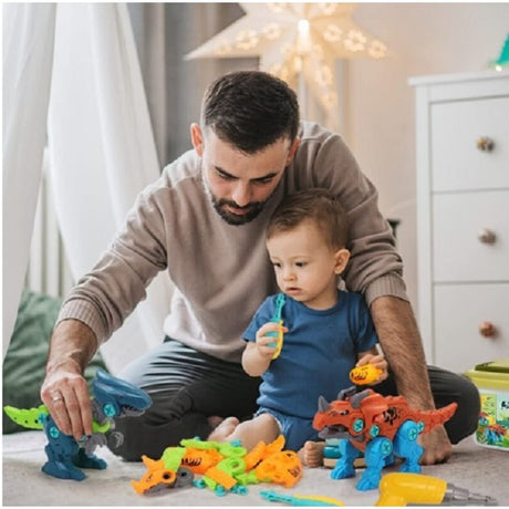 Set De Constructie/Asamblare, 4 Dinozauri, Cu Bormasina Electrica, Baterii 2 X Aa, Surubelnita Si Cutie Depozitare, 22.5 X 14.5 X 15 Cm, Multicolor - vivimall.ro