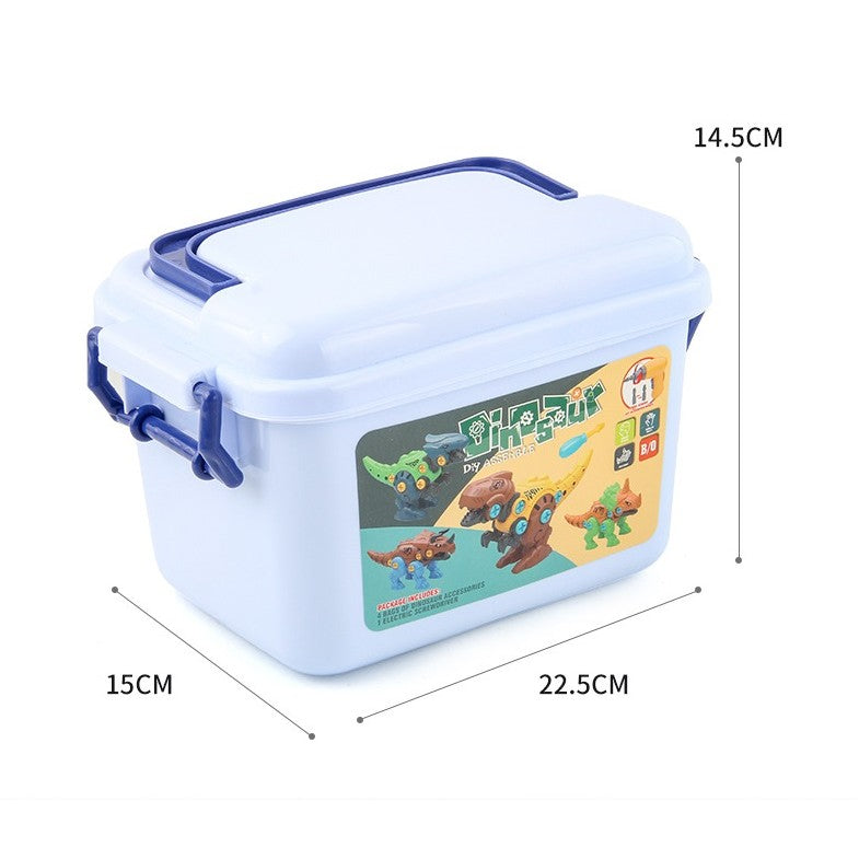 Set De Constructie/Asamblare, 4 Dinozauri, Cu Bormasina Electrica, Baterii 2 X Aa, Surubelnita Si Cutie Depozitare, 22.5 X 14.5 X 15 Cm, Multicolor - vivimall.ro
