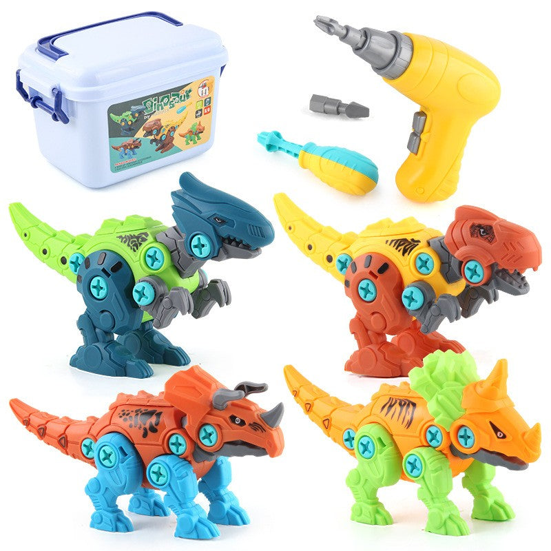 Set De Constructie/Asamblare, 4 Dinozauri, Cu Bormasina Electrica, Baterii 2 X Aa, Surubelnita Si Cutie Depozitare, 22.5 X 14.5 X 15 Cm, Multicolor - vivimall.ro