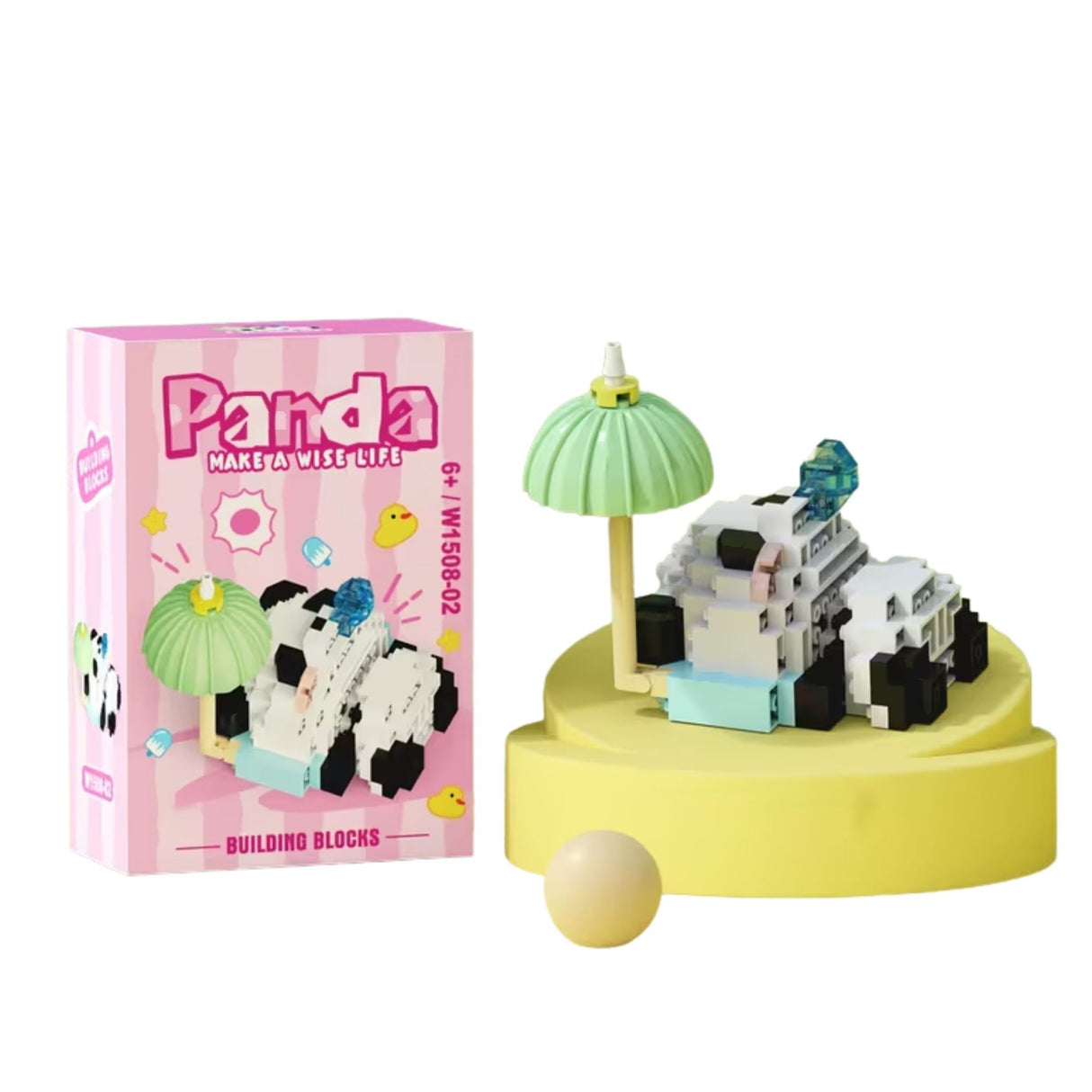 Set de construcție Flippy Panda cu Umbrelă, 153 piese, model 3D roz, vedere frontală completă