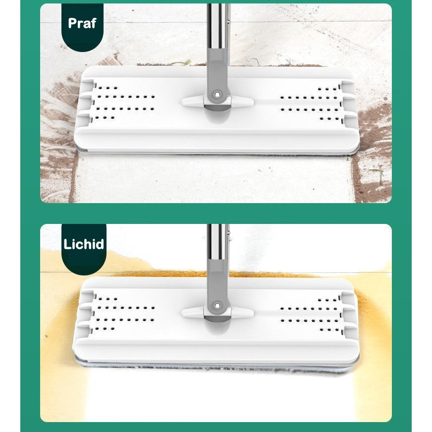 Set de curatenie Flippy, mop si galeata, galeata 5.7 l, 4 rezerve microfibra incluse, design modern, pentru interior, material plastic, peri sintetici, plat, cu storcere, alb