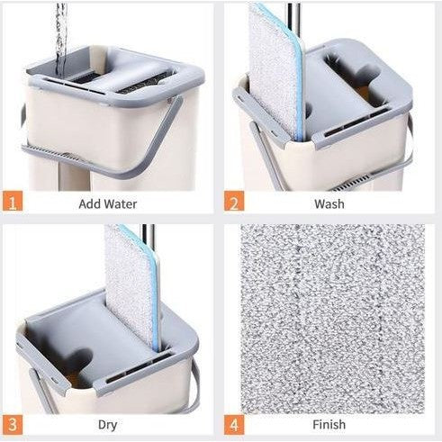 Set de curatenie Vivimall, mop si galeata, galeata 6 l, 2 rezerve microfibra incluse, design modern, pentru interior, material plastic, peri sintetici, plat, cu storcere, bej