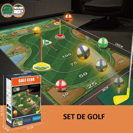 Set de Golf, Flippy, Interactiune Parinte-Copil, Covor de Golf, 140 x 98 cm, 4 Mingii cu Scai, 3 Crose Reglabile, Model A, +3 Ani, Multicolor