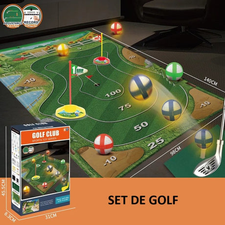 Set de Golf, Flippy, Interactiune Parinte-Copil, Covor de Golf, 140 x 98 cm, 4 Mingii cu Scai, 3 Crose Reglabile, Model B, +3 Ani, Multicolor