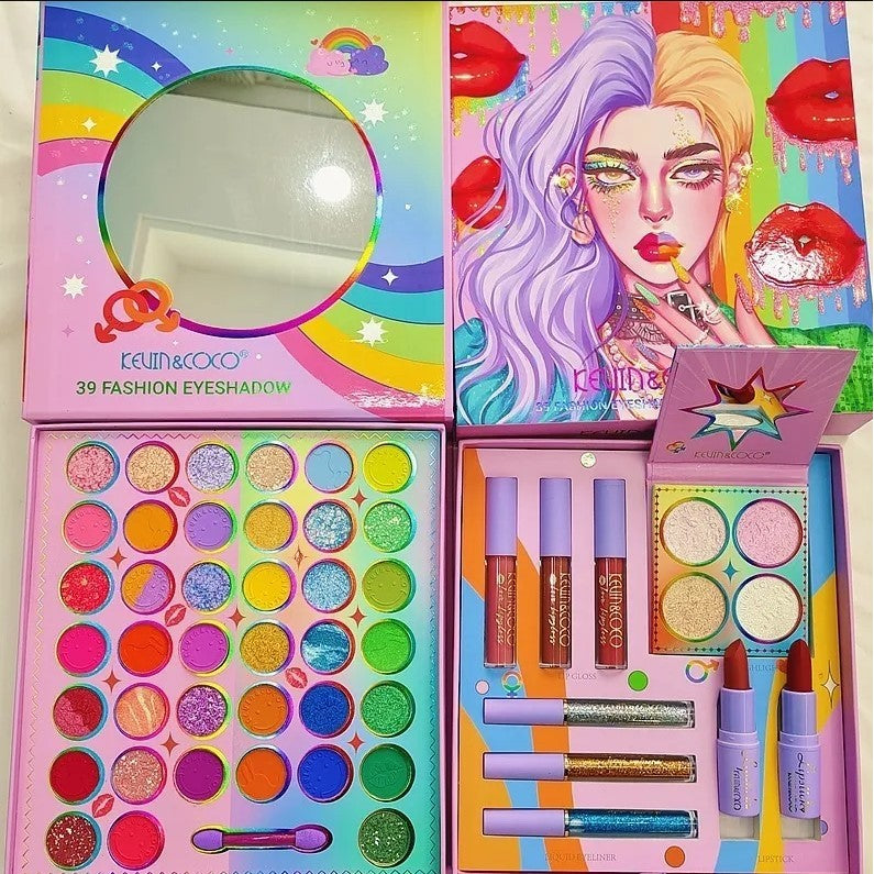 Set de Machiaj, Kevin & Coco, 39 de Culori, pigmentate, Fard de ochi, Ruj, Gloss, Tus, Fard Obraz, Curcubeu - vivimall.ro