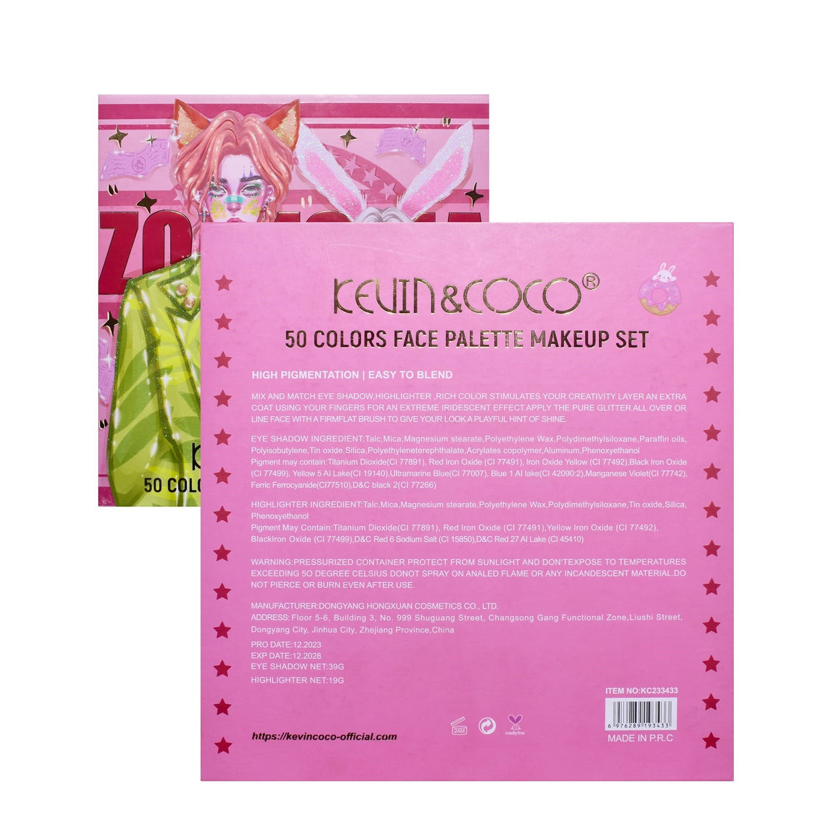 Paleta de Machiaj, KEVIN & COCO, Best Partner, Fard de Pleoape, Breloc si Cercei, 50 culori, 22 x 21 x 5cm - vivimall.ro