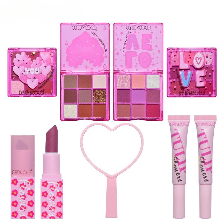 Set de Machiaj, KEVIN & COCO, 22 Culori, Model Lalele, 2 Palete de Farduri, 2 Lip Gloss-uri, 2 Lip Stick-uri, 1 Oglinda Inimioara, 15.7 x 21 x 4 cm, Multicolor - vivimall.ro