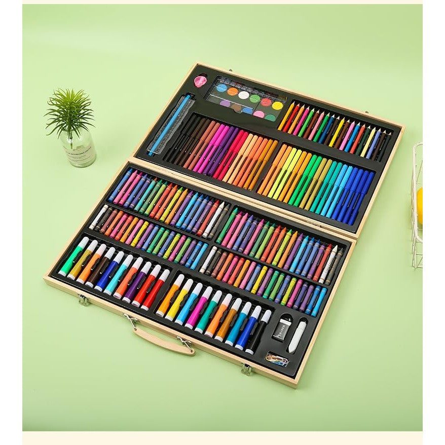 Set 180 Piese pentru Desen si Pictura, Vivimall, Tip Servieta din Lemn, Model Natur, 46 x 30.9 x 4.1 cm, Multicolor - vivimall.ro