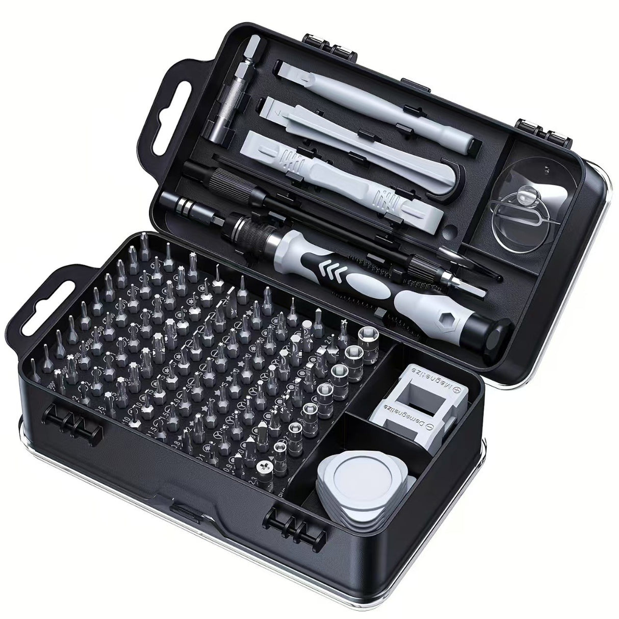 Surubelnite pentru Reparea Telefoanelor, Flippy, Set 115-in-1 Cromate, Demontarea Repararea Ceasurilor, Electronicelor Mici, Maner detalii Albe, 18 x 11 x 6 cm, Negru