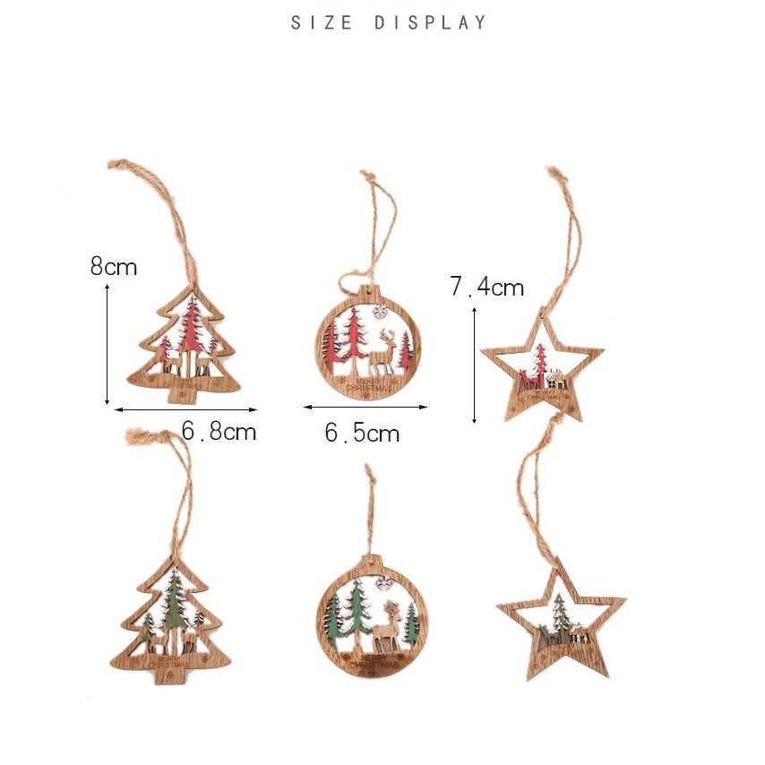 Set 6 Decoratiuni De Craciun Din Lemn, Cu Snur Pentru Agatare In Brad, Glob Si Steluta - vivimall.ro