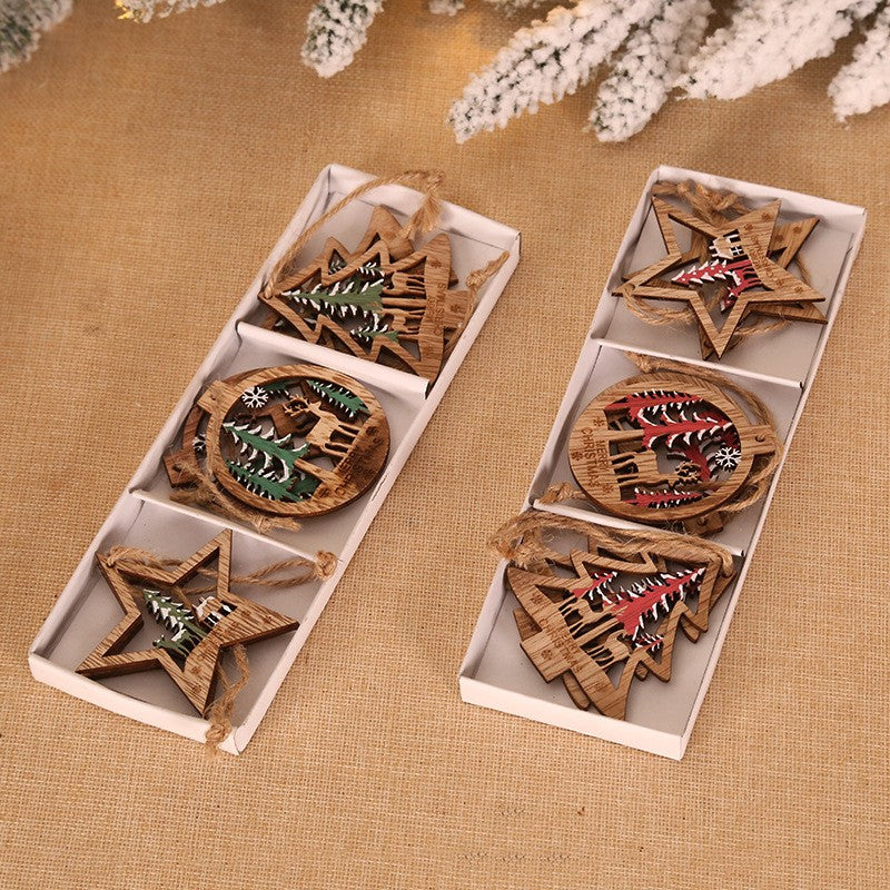 Set 6 Decoratiuni De Craciun Din Lemn, Cu Snur Pentru Agatare In Brad, Glob Si Steluta - vivimall.ro