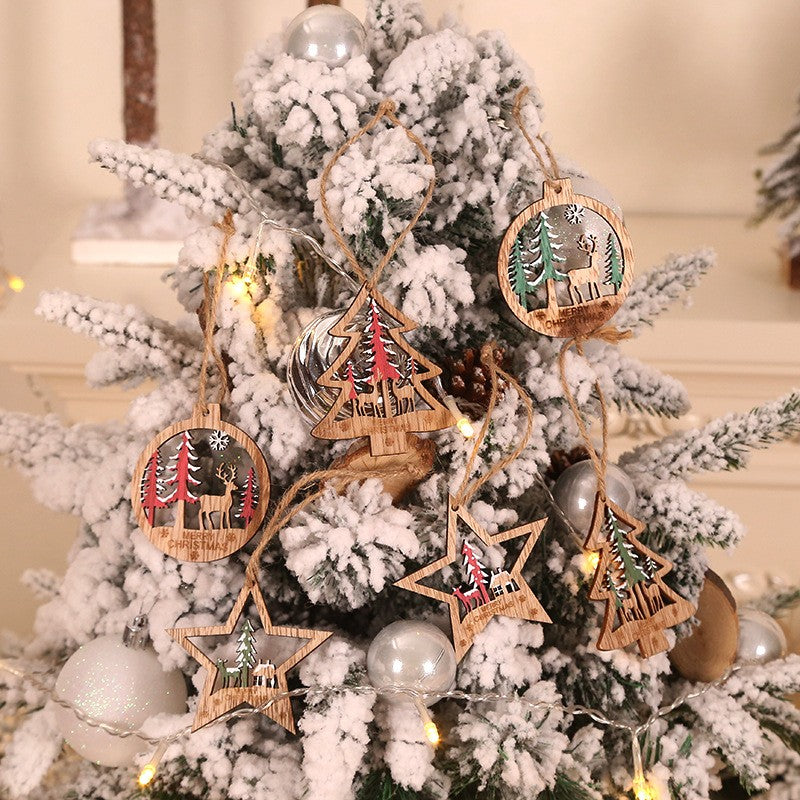 Set 6 Decoratiuni De Craciun Din Lemn, Cu Snur Pentru Agatare In Brad, Glob Si Steluta - vivimall.ro