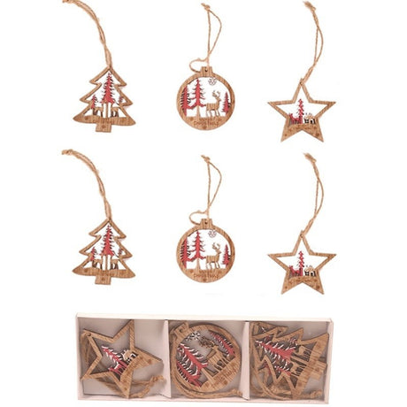 Set 6 Decoratiuni De Craciun Din Lemn, Cu Snur Pentru Agatare In Brad, Glob Si Steluta - vivimall.ro