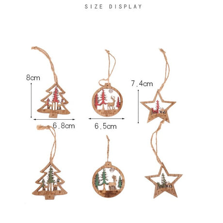 Set 6 Decoratiuni de Craciun din Lemn, Flippy, cu Snur pentru Agatare in Brad, Model Brad, Glob si Steluta, Verde