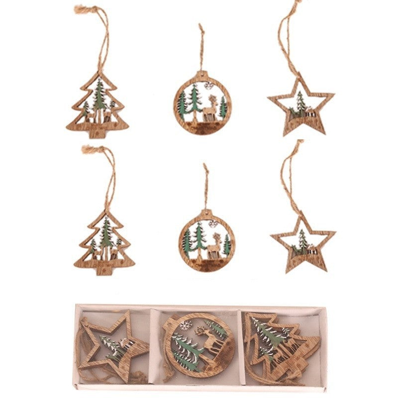 Set 6 Decoratiuni De Craciun Din Lemn, Cu Snur Pentru Agatare In Brad, Glob Si Steluta - vivimall.ro