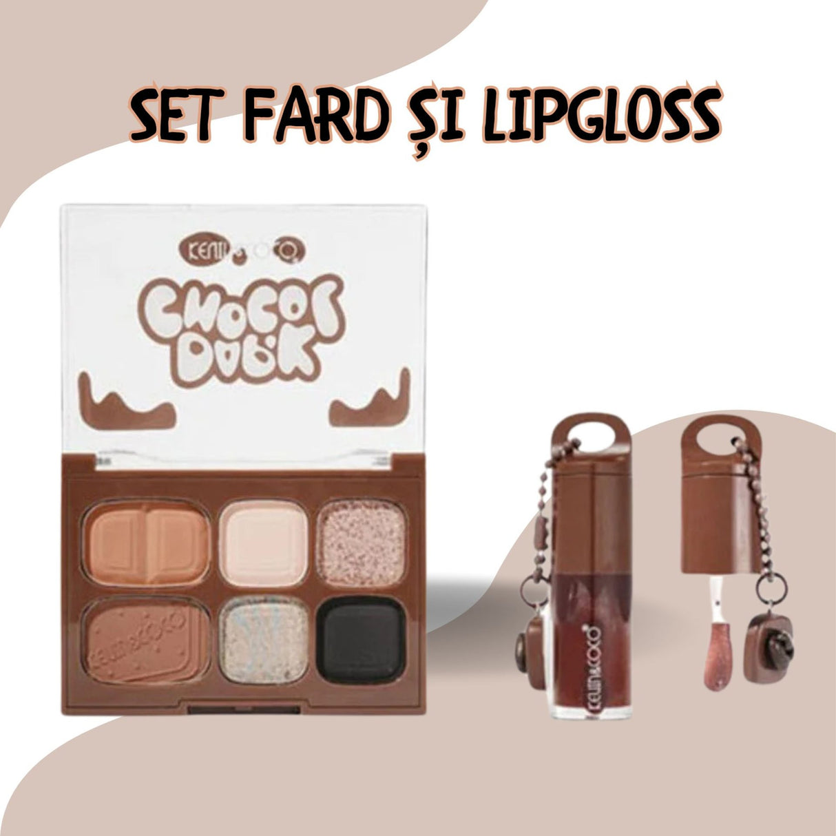 Set Machiaj, Kevin&Coco, Paleta Farduri de Ochi si Lip Gloss, 6 Nuante, Finisaj Mat, Shimmer, Textura Fina, Pigmentare Intensa, 10.4 g, 14.7 x 10.5 x 3.5 cm, Maro - vivimall.ro