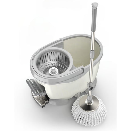 Set Galeata cu Pedala si Mop Rotativ 360°, Vivimall, Cu Actiune Centrifuga x4, Pentru Uz Casnic, Maner din Otel Inoxidabil Telescopic, 2 Capte din Bumbac, 46x30x28 cm, Alb Ivoir - vivimall.ro