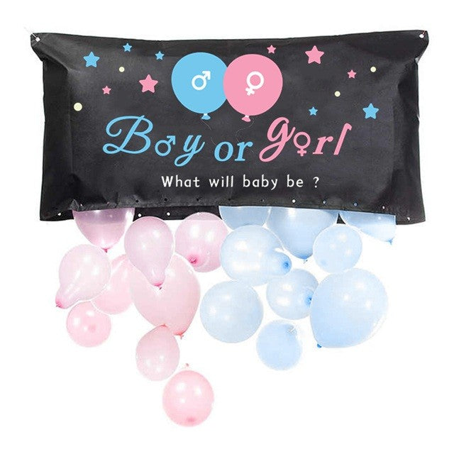 Set Gender Reveal, Balloon Drop Bag, Din Plastic Si Latex, 24 Baloane Roz Si Albastru 13 Cm, Sac Pentru Baloane