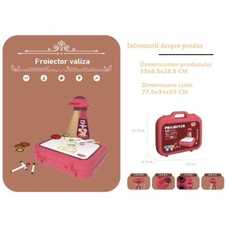 Set jucarie educativa proiector cu masa pentru desen, 48 de imagini, 6 discuri de proiectare, creioane colorate, cutie depozitare, +3 ani, Rosu, Resigilat - vivimall.ro
