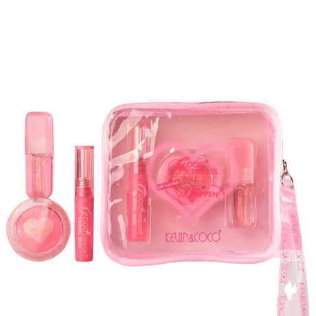 Set Machiaj Complet, Kevin&Coco, Trusa Machiaj Portabila, Mini Kit, 4 Articole Esentiale pentru Stralucire, Design Inima, Roz - vivimall.ro