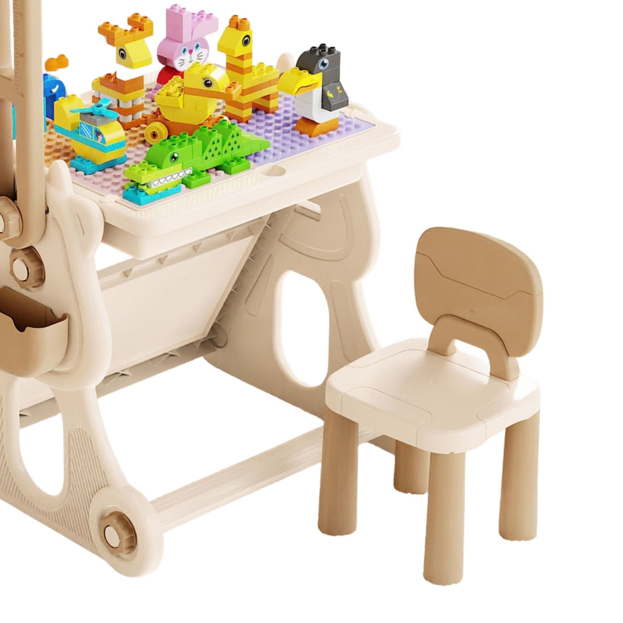 Masa Educativa pentru Copii, Flippy, Multifunctionala, Cos de Baschet, cu Scaun, Compatibila cu Piese tip LEGO Duplo, 178 piese, Spatiu Depozitare, 3 + ani, Bej - vivimall.ro