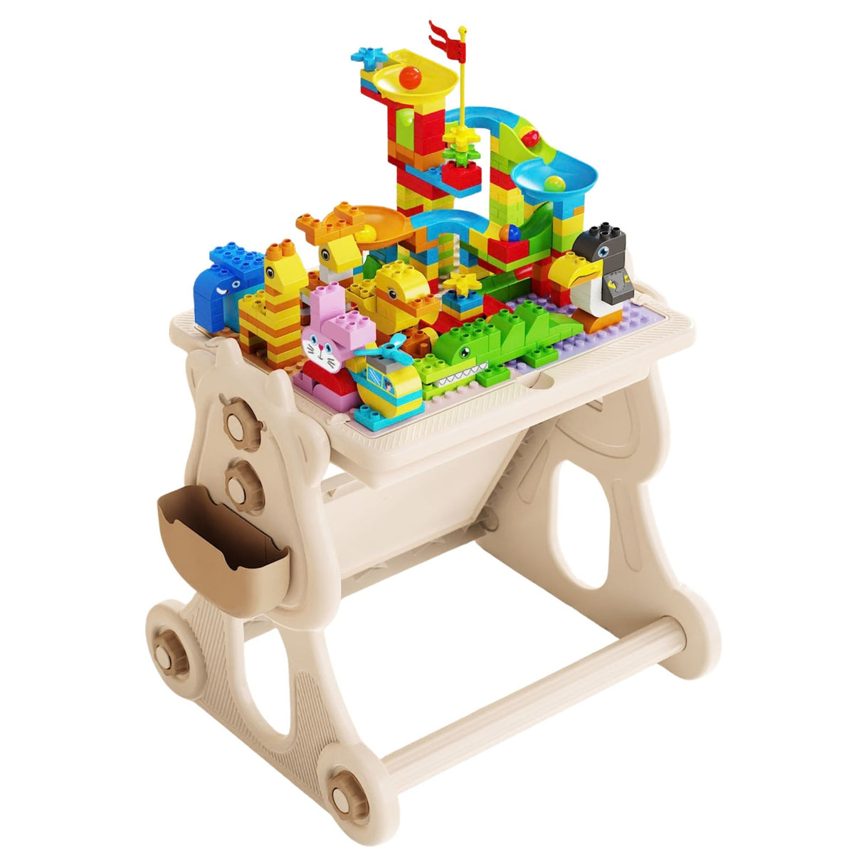 Masa Educativa pentru Copii, Flippy, Multifunctionala, cu Scaun, Compatibila cu Piese tip LEGO Duplo, 178 piese, Spatiu Depozitare, 3 + ani, Bej - vivimall.ro