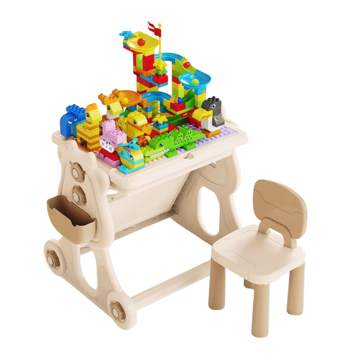 Masa Educativa pentru Copii, Flippy, Multifunctionala, cu Scaun, Compatibila cu Piese tip LEGO Duplo, 178 piese, Spatiu Depozitare, 3 + ani, Bej - vivimall.ro