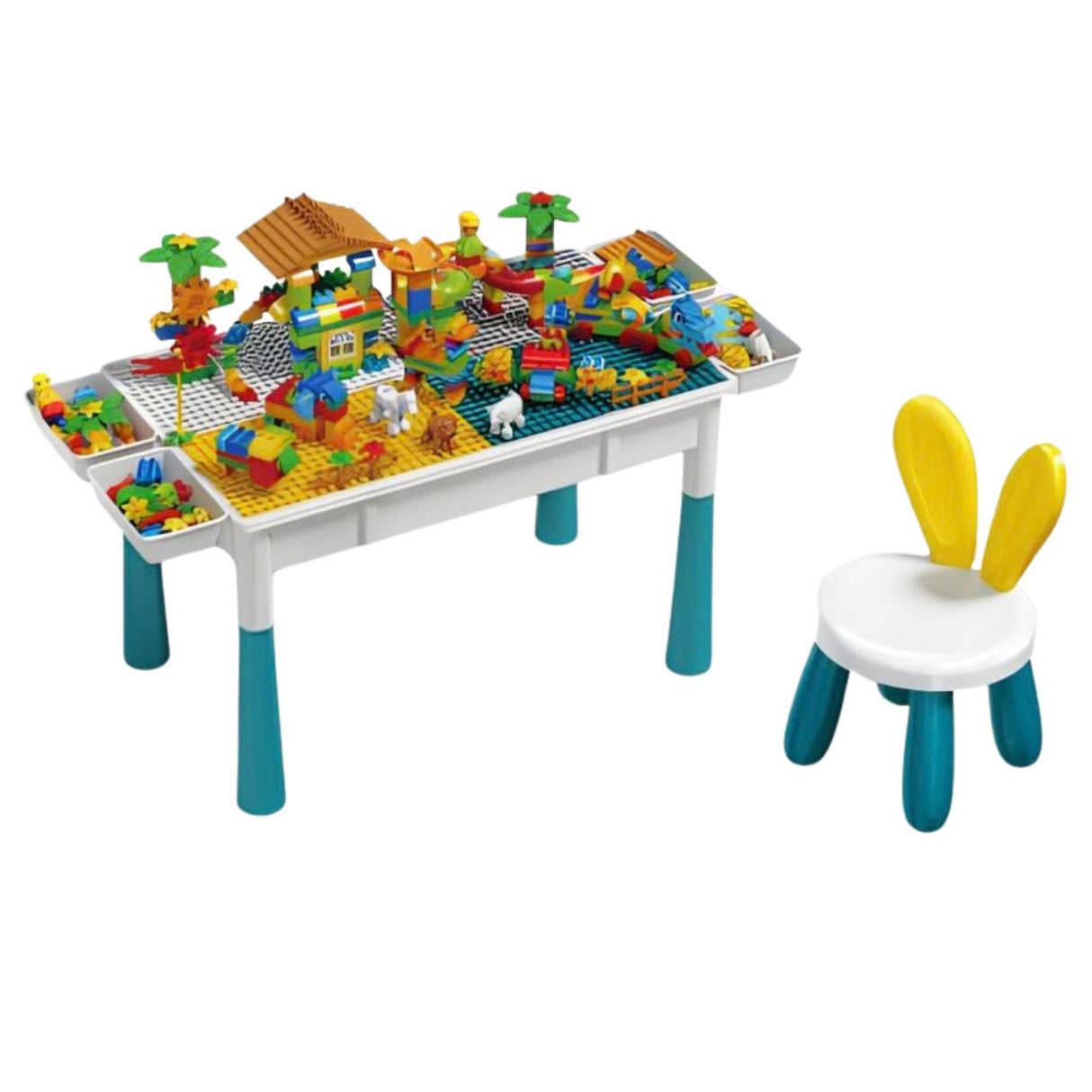 Masuta Multifunctionala, Flippy, Educativa pentru Copii, Scaunel Bunny, Blat Reversibil, Compatibila cu Piese mari tip LEGO Duplo, 4 cutii depozitare, Set 156 piese, 3+Ani, Multicolor - vivimall.ro