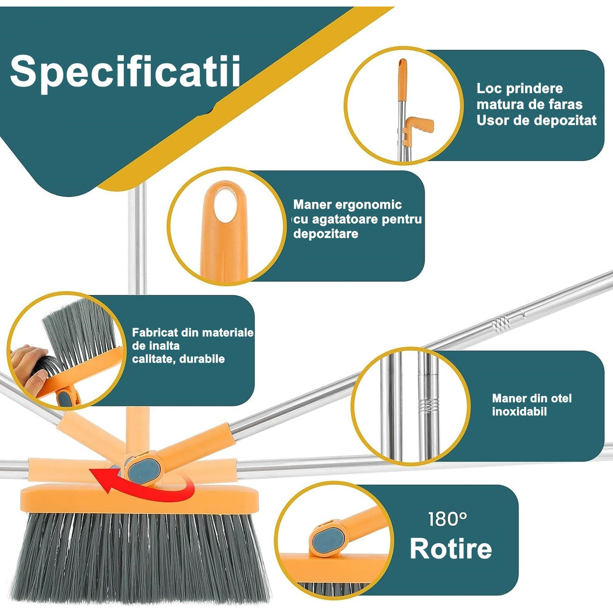 Set Matura Si Faras Cu Coada Detasabila, Cu Dinti De Pieptene Pentru Curatare Matura, Rotativ, Pliabil, Otel Inoxidabil Si Polipropilena - vivimall.ro