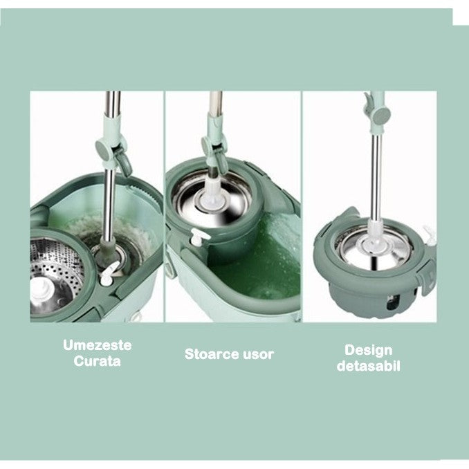 Set mop rotativ cu galeata Vivimall, material plastic si microfibra, o rezerva inclusa, rezistent, cu dop scurgere, vas detasabil, orificiu pentru solutie, pentru interior, capacitate 8 l, verde - vivimall.ro
