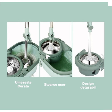 Set mop rotativ cu galeata Vivimall, material plastic si microfibra, o rezerva inclusa, rezistent, cu dop scurgere, vas detasabil, orificiu pentru solutie, pentru interior, capacitate 8 l, verde - vivimall.ro