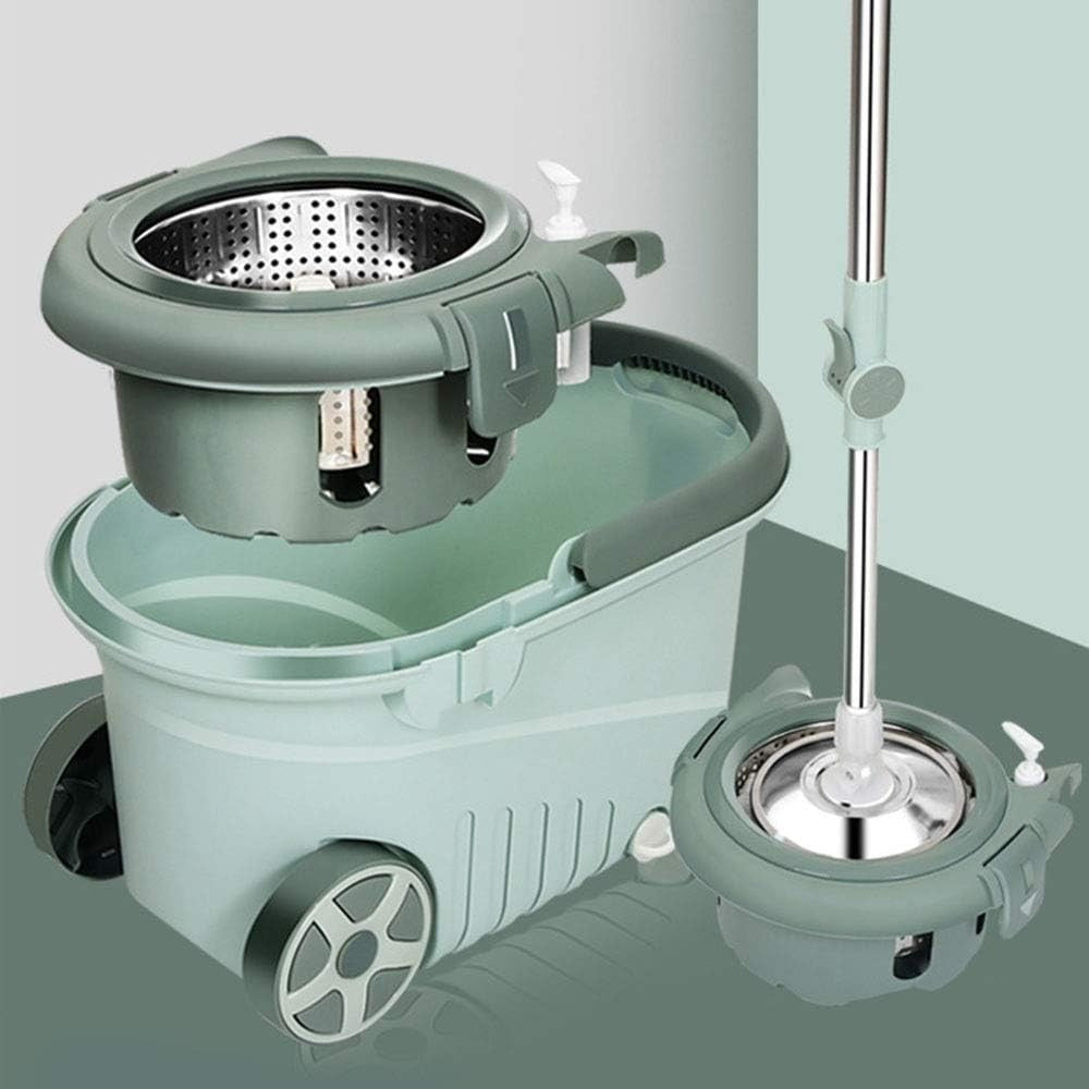 Set mop rotativ cu galeata Vivimall, material plastic si microfibra, o rezerva inclusa, rezistent, cu dop scurgere, vas detasabil, orificiu pentru solutie, pentru interior, capacitate 8 l, verde - vivimall.ro