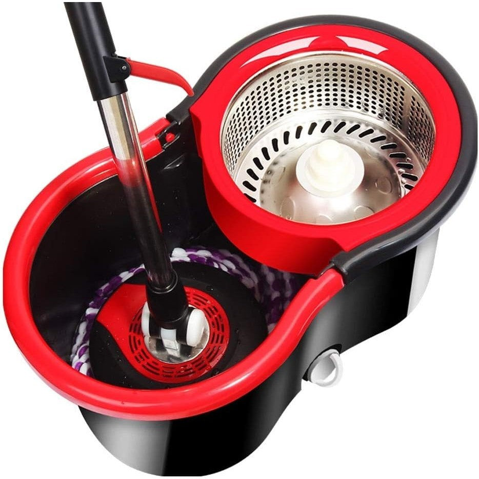 Set mop rotativ cu galeata Vivimall, material plastic si microfibra, rezistent, cu dop scurgere, vas detasabil, pentru interior, capacitate 8 l, negru/rosu, Resigilat - vivimall.ro