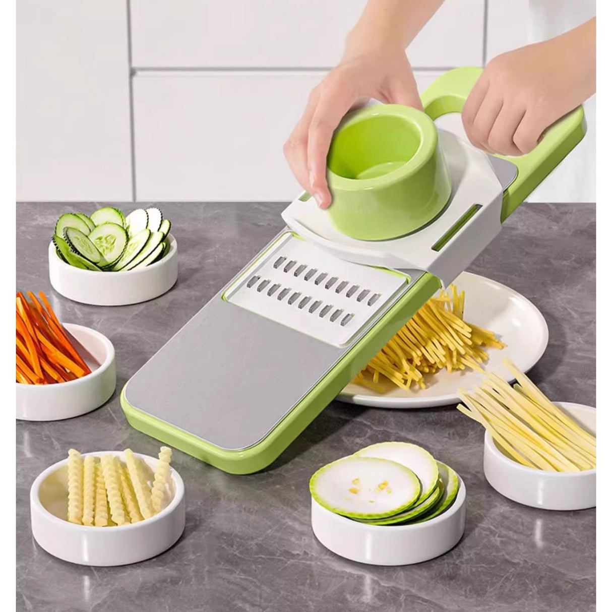 Set Multifunctional Din 7 Piese, Pentru Taierea Si Maruntirea Legumelor, Uz Casnic,Din Otel Inoxidabil, Gri-Verde - vivimall.ro