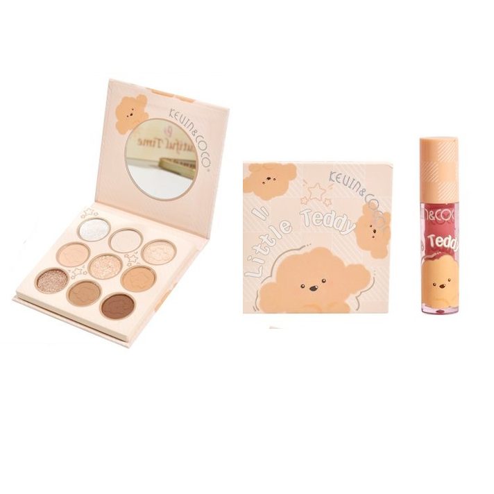 Set machiaj Kevin&Coco Model Teddy, paletă farduri 9 nuanțe nude și lipgloss, vedere frontală