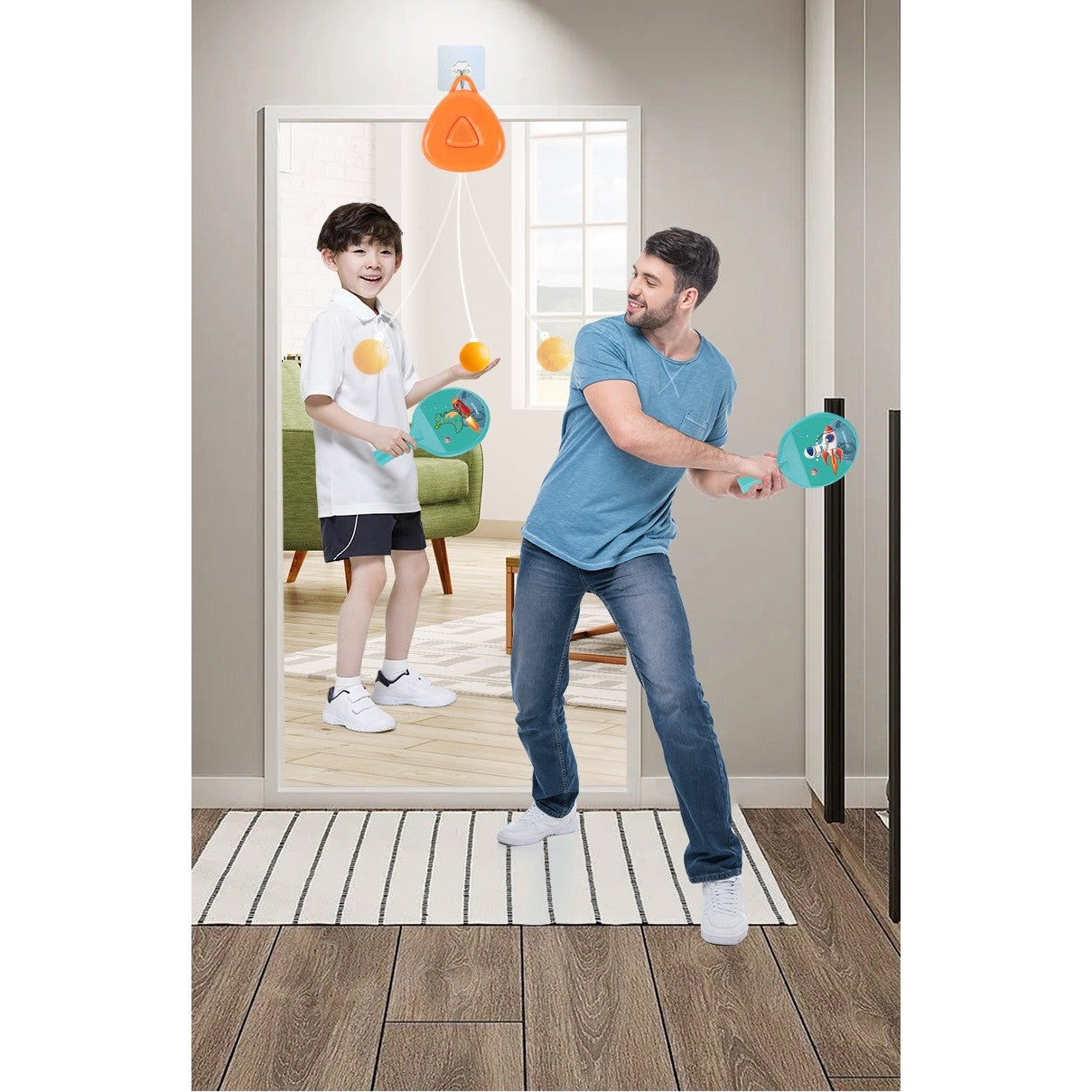 Set Palete pentru Tenis de Masa, Vivimall, pentru Copii, Accesoriu de Agatat Inclus, 2 Mingi, Design Animat, Albastru - vivimall.ro